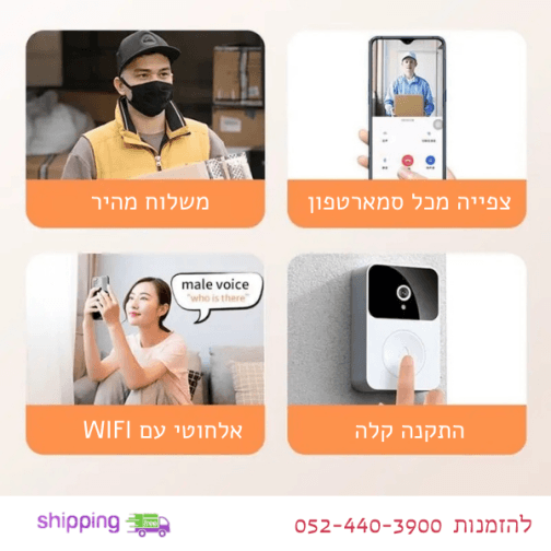 פעמון כניסה אלחוטי עם מצלמה + אפליקציה לסמארטפון
